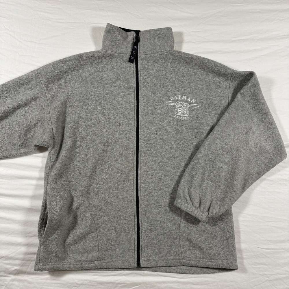 Vintage Fleece Jacket Gray Large Full Zip USA Pull Tag Made In USA Route 66 AZ
